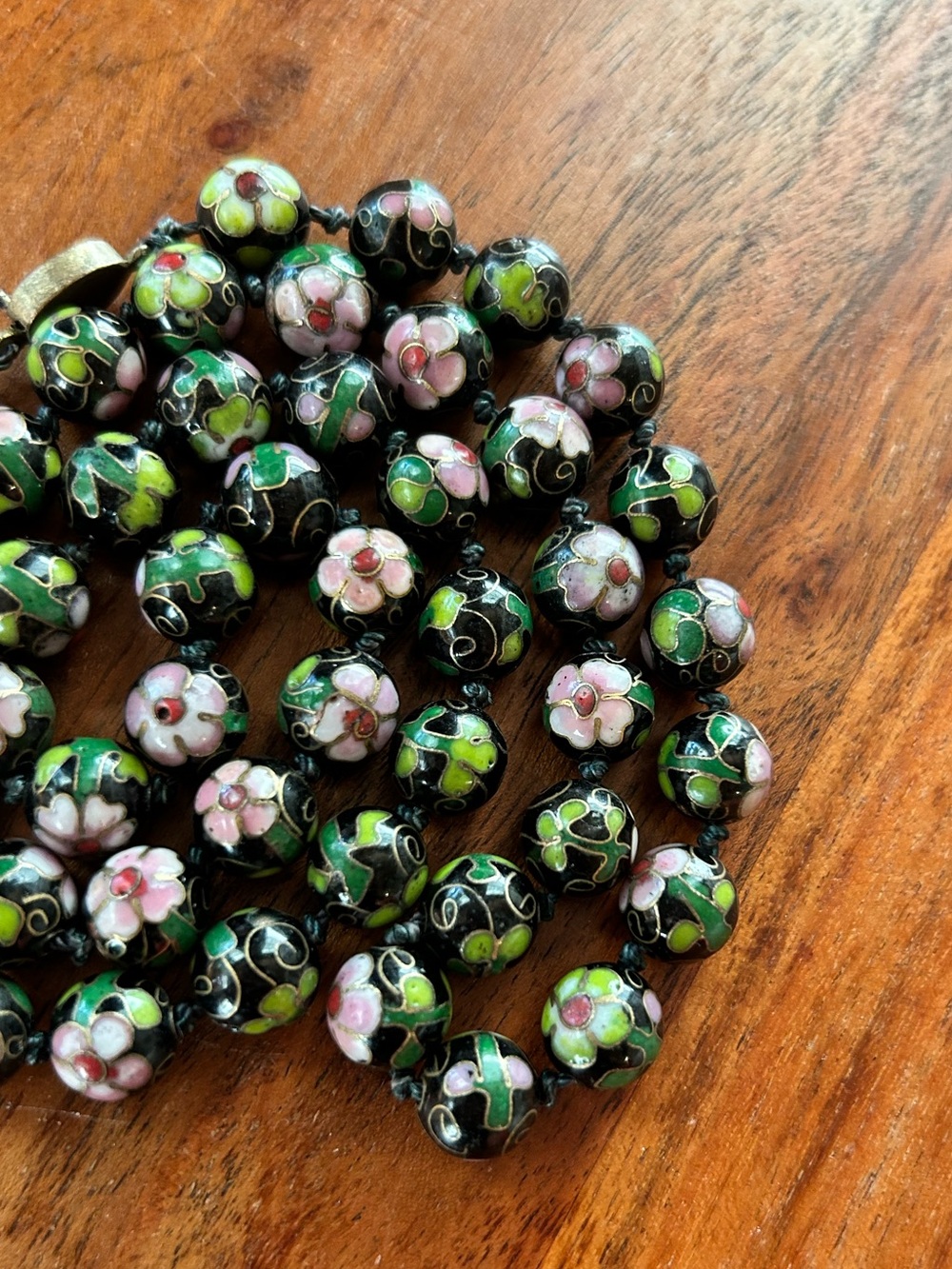 Vintage Peony Cloisonette Hand Knotted Bead Necklace Black Pink - 26"